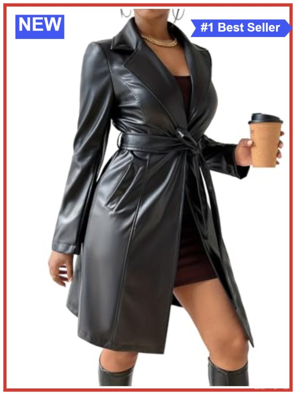 Faux Leather Belted Trench Coat Long Slim Fit Lapel Women's